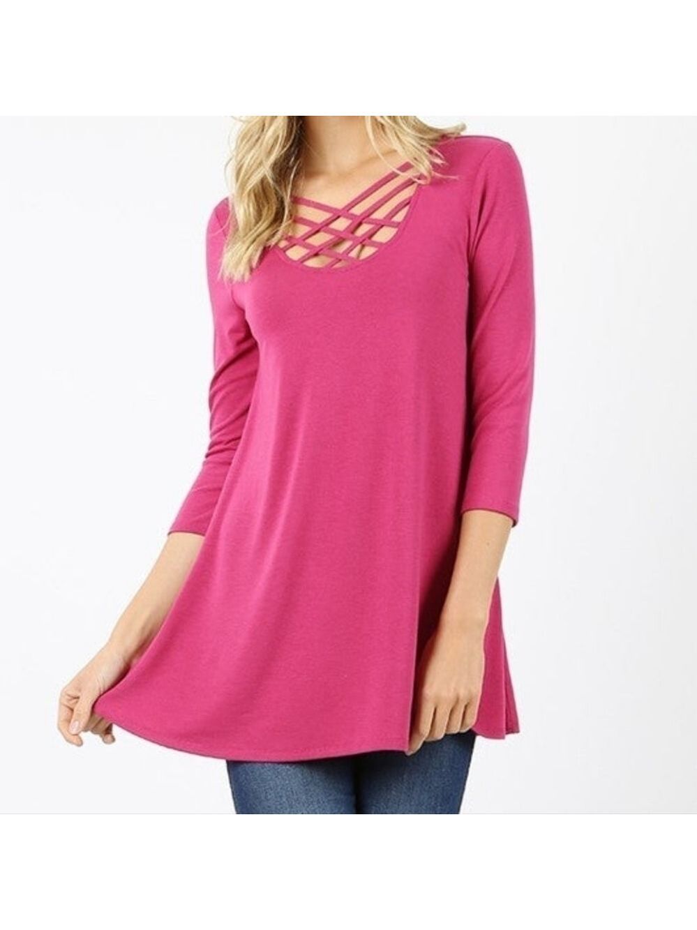 ZENANA Criss-Cross Neckline 3/4 Sleeve Pink Top Tunic Size Large NWT